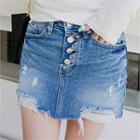 Inset Shorts Button-fly Distressed Denim Miniskirt