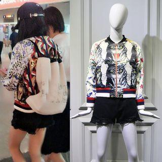 Printed Baseball Jacket / Distressed Denim Shorts