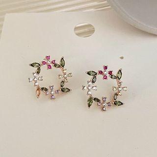 Flower Rhinestone Alloy Hoop Earring 1 Pair - Gold & Green & Rose Pink - One Size
