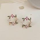 Flower Rhinestone Alloy Hoop Earring 1 Pair - Gold & Green & Rose Pink - One Size