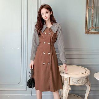 Double-breasted Plaid Panel A-line Midi Shirtdress
