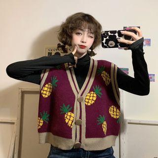 Pineapple Print Single-breasted Vest / Mock-turtleneck Long-sleeve Top