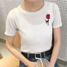 Flower Embroidered Short Sleeve Knit Top