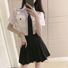Pocket Detail Short-sleeve Shirt / Tie / Mini Pleated Skirt / Set