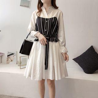 Mock Two-piece Long-sleeve Dress White - One Size