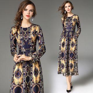 Long-sleeved Floral Print Crewneck A-line Sheath Dress