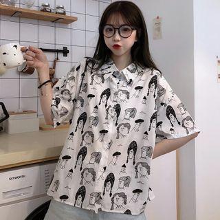 Cartoon Face Print Short-sleeve Shirt