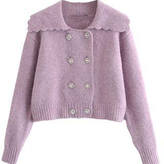 Collared Rhinestone Double-breasted Cardigan
