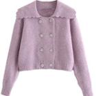 Collared Rhinestone Double-breasted Cardigan