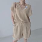 V-neck Plain Knit Top / Drawstring Shorts
