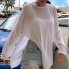 Long-sleeve Slit Sheer T-shirt Milky White - One Size