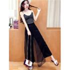Set: Glittered Camisole Top + Chiffon Overlay Straight Cut Pants
