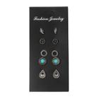 Set Of 5: Stud Earring Set Of 5 - Silver & Green - One Size