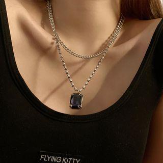 Double Layer Faux Crystal Necklace Silver - One Size