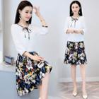 Set: Bow Accent 3/4 Sleeve Chiffon Blouse + Floral Print Skirt