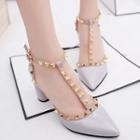 Studded T-bar Faux Leather Block Heel Pumps