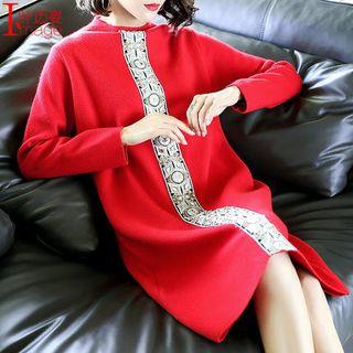 Mock-neck Embroidered Long-sleeve Knit Dress