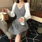 Check V-neck Bell-sleeve Dress