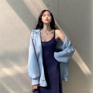 Spaghetti Strap Midi Shift Dress / Hooded Zip Jacket