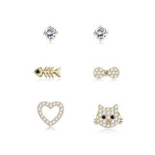 Sterling Silver Simple Cute Cat And Fish Cubic Zircon Three-piece Asymmetric Earrings Golden - One Size