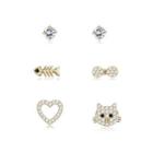 Sterling Silver Simple Cute Cat And Fish Cubic Zircon Three-piece Asymmetric Earrings Golden - One Size