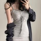 Long-sleeve Shirt / Spaghetti Strap Drawstring Mini Bodycon Dress