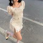 Puff-sleeve Ruffled Shirt + Split Ruffled Mini Skirt