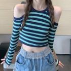 Long-sleeve Cold-shoulder Striped T-shirt T-shirt - Stripes - Blue - One Size