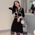 Contrast Trim 3/4-sleeve Knit A-line Dress