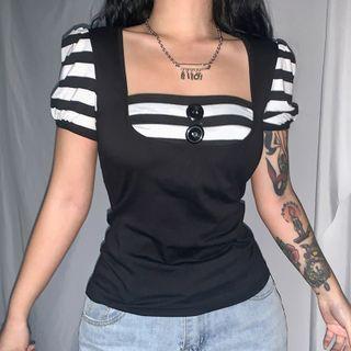 Two Tone Stripe Short Sleeve Square Neck Top