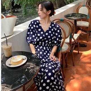 Dotted Puff-sleeve Maxi A-line Dress
