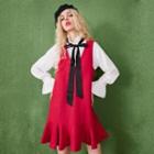 Set: Long-sleeve Tie-neck Blouse + Sleeveless Dress