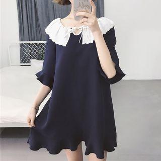 Eyelet Lace Collar Elbow-sleeve A-line Dress