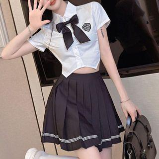 Set: Short-sleeve Embroidered Shirt + Bow Tie + Striped Mini Pleated Skirt