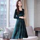 Long-sleeve Maxi Pleated Velvet Dress