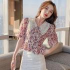 Short-sleeve Lace Collar Floral Print Blouse