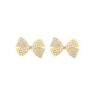 Rhinestone Bow Stud Earring 1 Pair - Gold & White - One Size