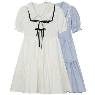 Puff-sleeve Lace Panel Bow Dress