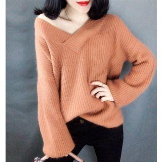Plain Fluffy V-neck Sweater