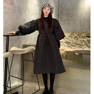 Lantern-sleeve Quilted Midi A-line Dress