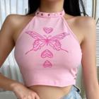 Halter-neck Butterfly Print Studded Top