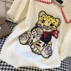 Elbow-sleeve Collar Tiger Print Top