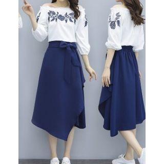 Set: 3/4-sleeve Embroidered Blouse + A-line Midi Asymmetric Skirt