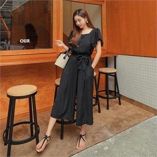 Set: Square-neck Blouse + Beribboned Wide-leg Pants
