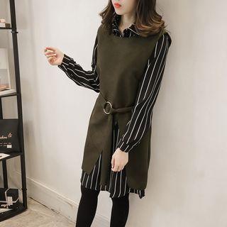 Set: Tie Waist Vest + Striped Shirt Dress