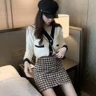 V-neck Cardigan / Mini Houndstooth A-line Skirt