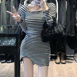 Long-sleeve Striped Bodycon Dress Black - One Size