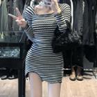 Long-sleeve Striped Bodycon Dress Black - One Size