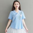 Short-sleeve Embroidered Frog-button Top