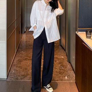 Set: Long-sleeve Striped Shirt + Plain Straight Leg Dress Pants
